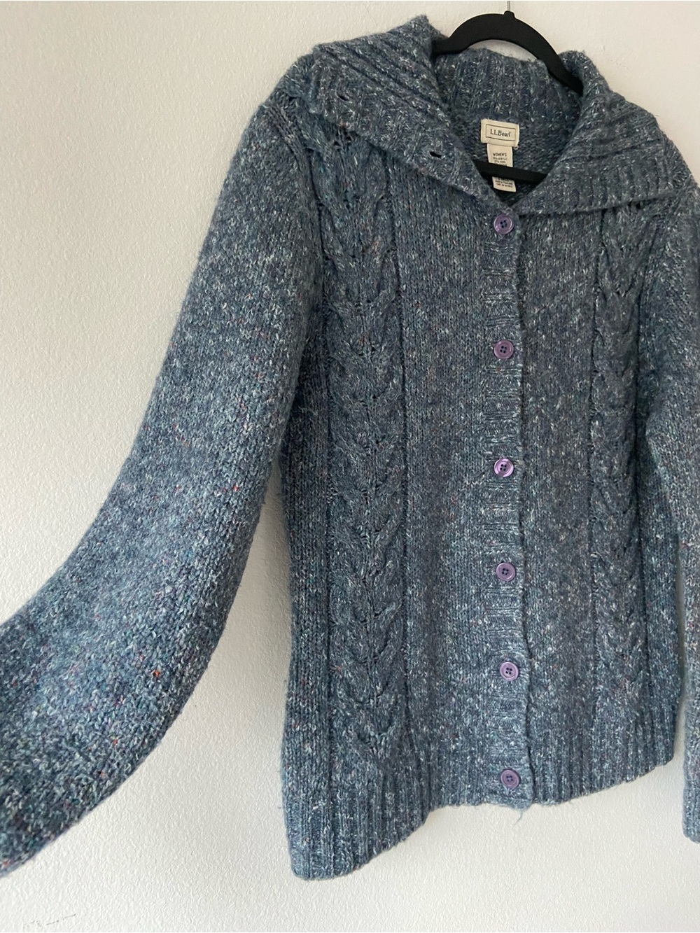 L.L.Bean Wool Blend Cable Knit Cardigan Sweater Blue Size M - Picture 2 of 10
